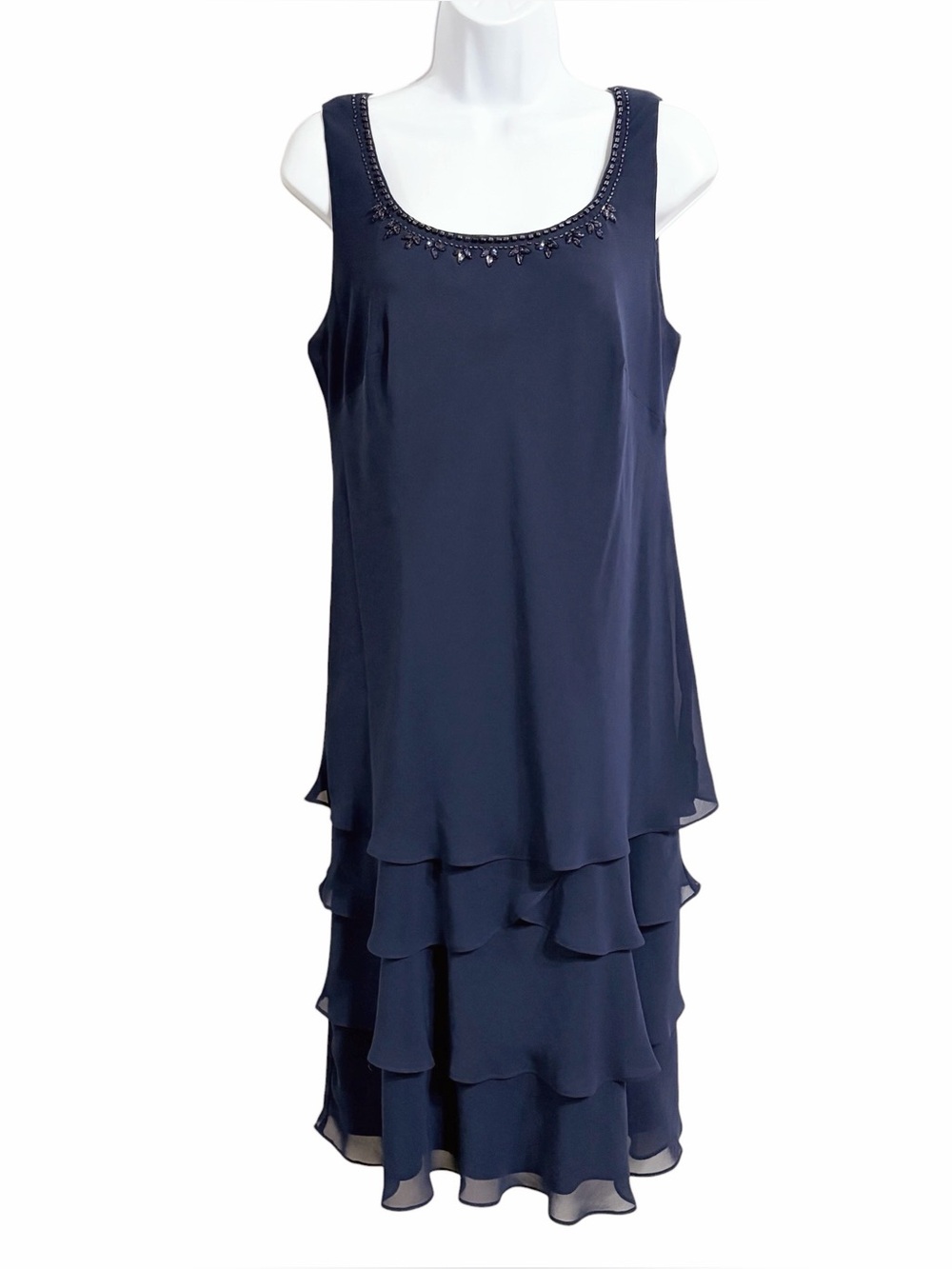 SLNY Dark Fairy Chiffon Tiered Beaded Party Dress Womens 8 Blue Wedding Guest